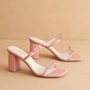 Oasis Society Wendy Block Heel Sandals Womens 8 Pink Square Toe Coquette Bows